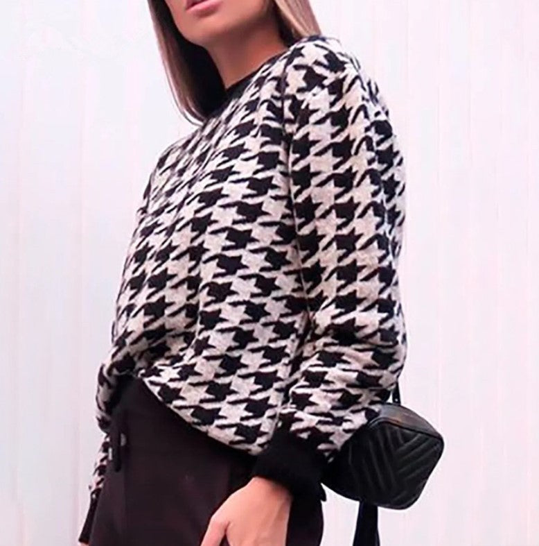Damen Grobstrickpullover mit modernem Hahnentrittmuster und lässigem Schnitt ModeGeist