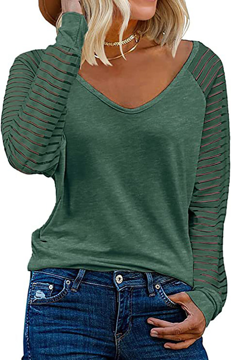 Damen Langärmliges V-Ausschnitt Shirt mit gestreiften Ärmeln ModeGeist