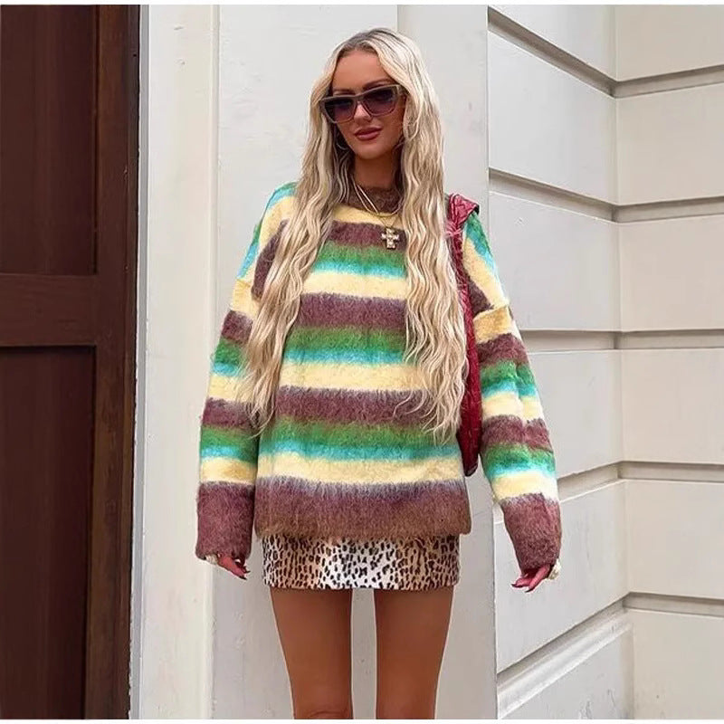 Damen Oversized Strickpullover mit farbenfrohen Streifen ModeGeist