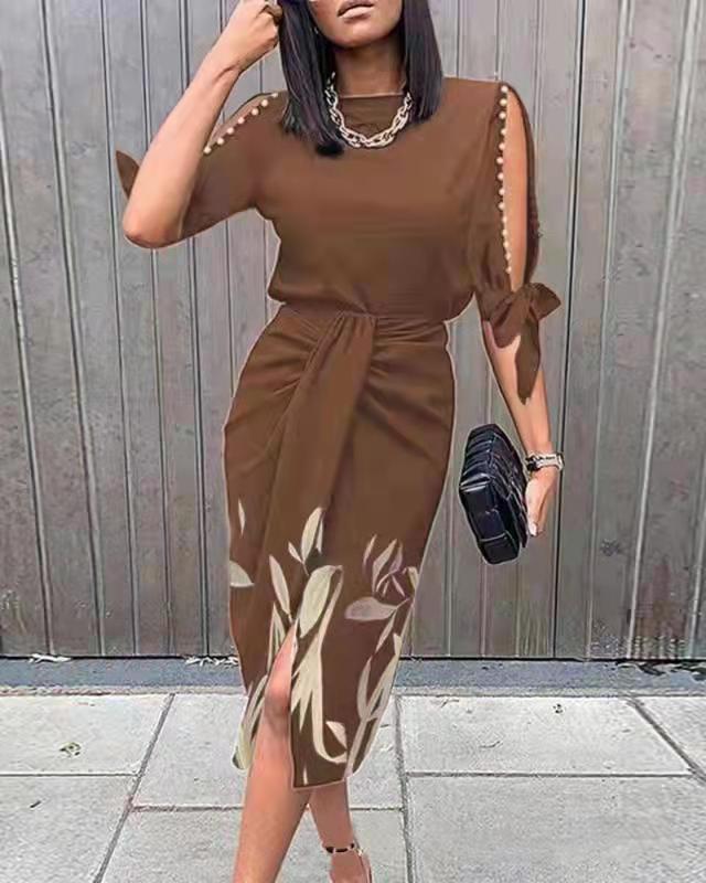 Damen Midikleid mit elegantem Bindegürtel und modischen Cut-Out-Ärmeln ModeGeist