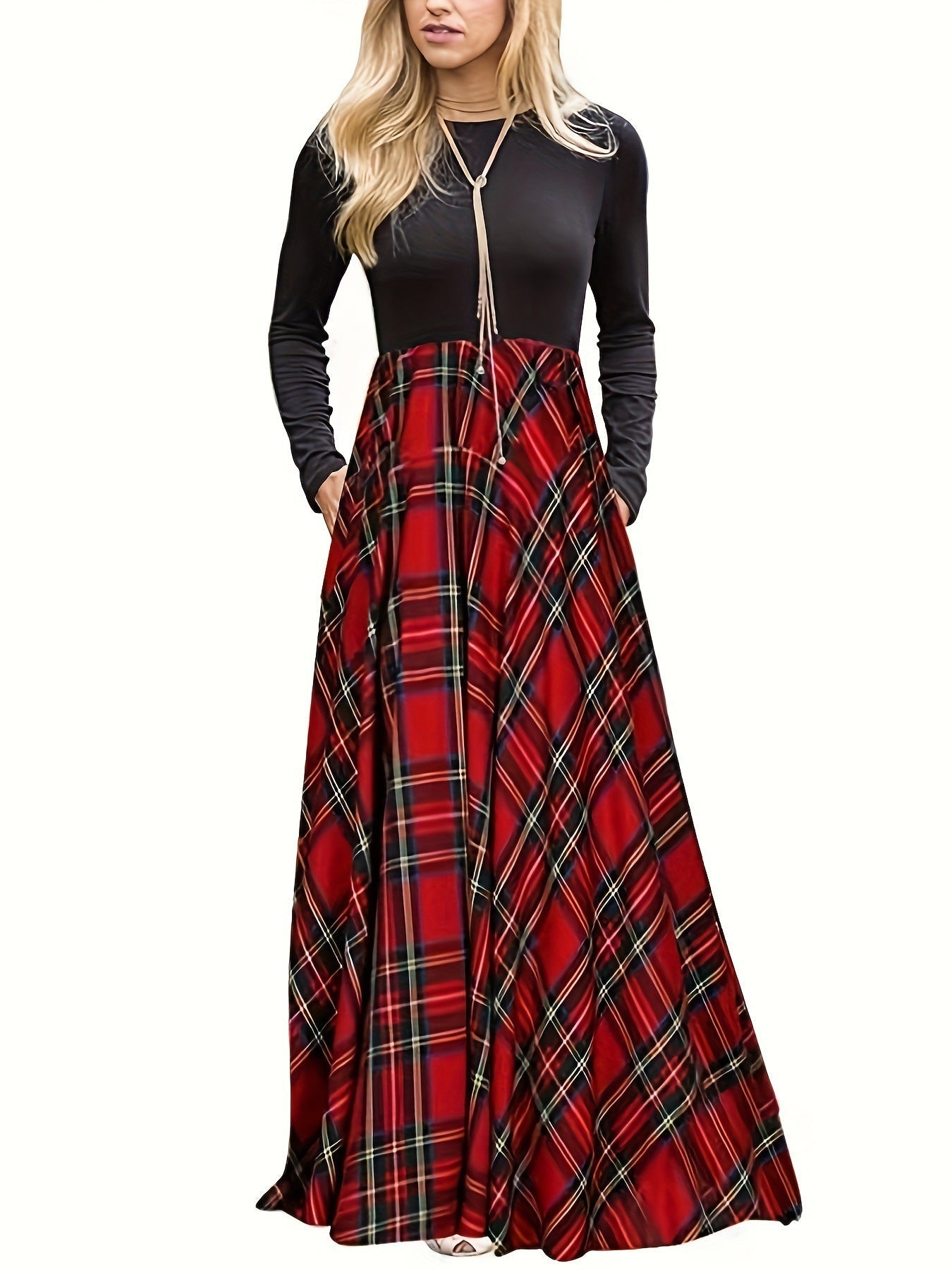 Damen Maxikleid mit modernem Karomuster und langen Ärmeln ModeGeist