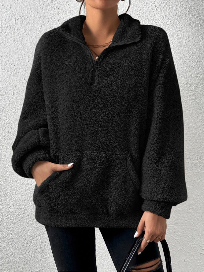 Damen Kuscheliger Fleece-Pullover mit Stehkragen und Eingrifftaschen ModeGeist