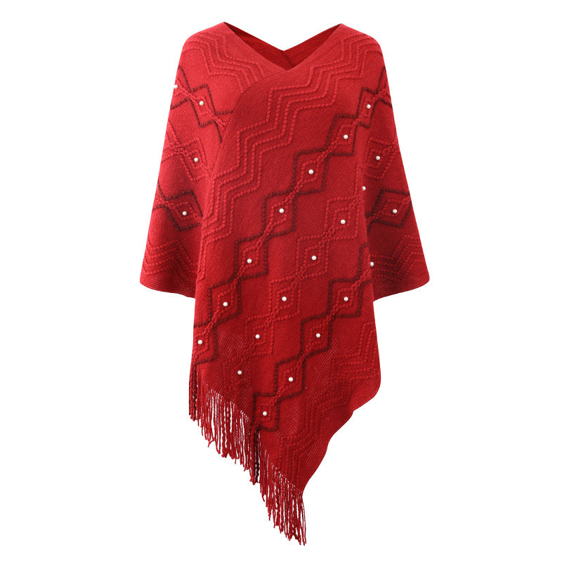 Damen eleganter Poncho mit auffälligem Strukturmuster und dekorativen Fransen ModeGeist