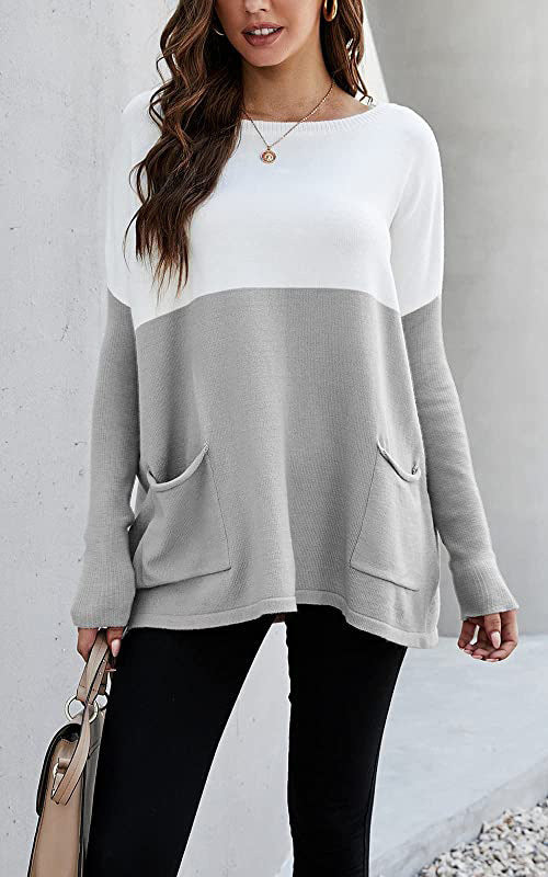 Damen Strickpullover mit großen Fronttaschen und kontrastiertem Design ModeGeist
