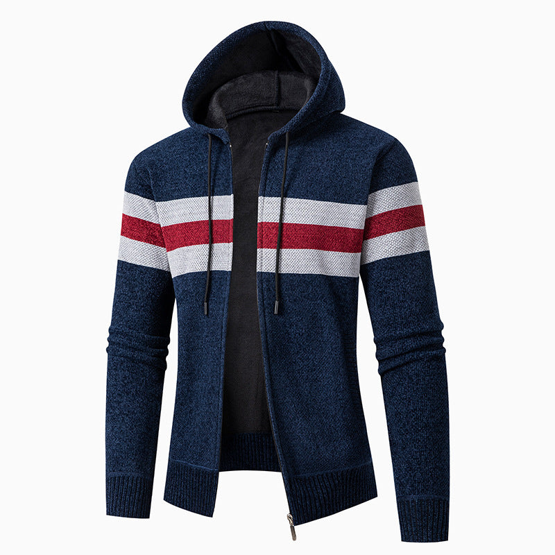 Herren lässiger Strickjacke mit Kapuze und Kontraststreifen ModeGeist