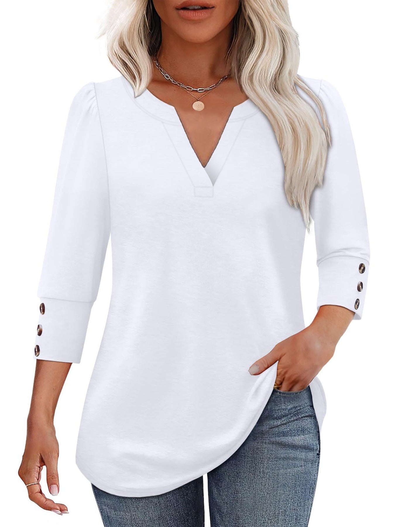 Damen V-Ausschnitt Bluse mit dekorativen Knopfdetails ModeGeist