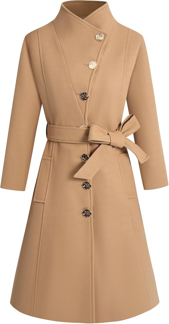 Damen eleganter Wrap-Mantel mit ausgefallenem Kragen und Gürtel ModeGeist