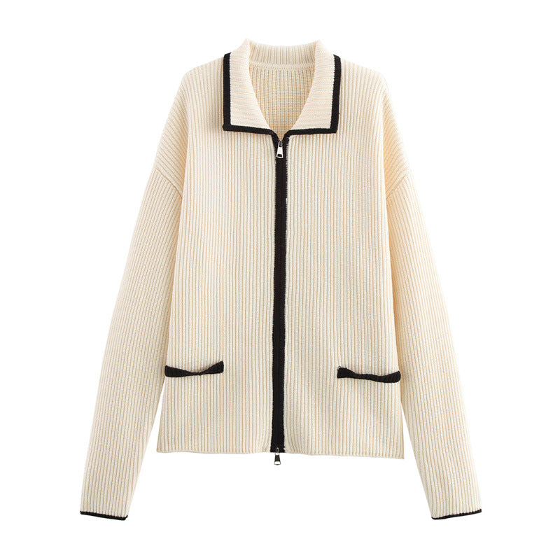 Damen Strickjacke mit elegantem Reißverschluss und Kontrastdetails ModeGeist