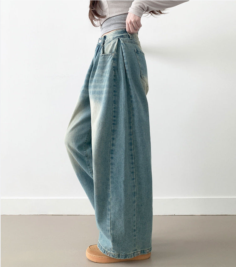 Damen Weite High-Waist Denim-Hose mit Faltenwurf ModeGeist