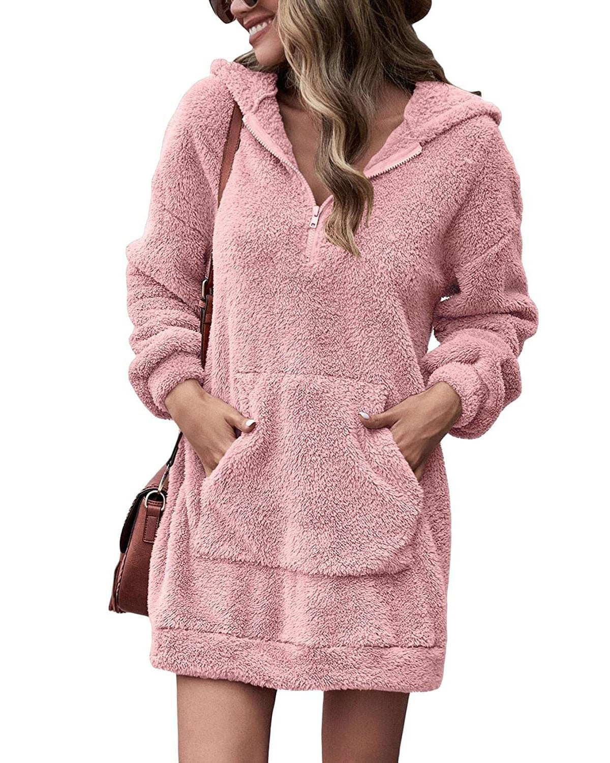 Damen Fleece-Kapuzenkleid mit Taschen und Reißverschluss ModeGeist