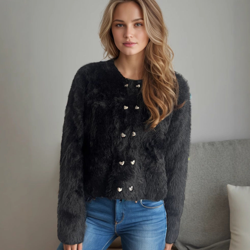 Damen flauschige Strickjacke mit herzförmigen Knöpfen und lockerer Passform ModeGeist