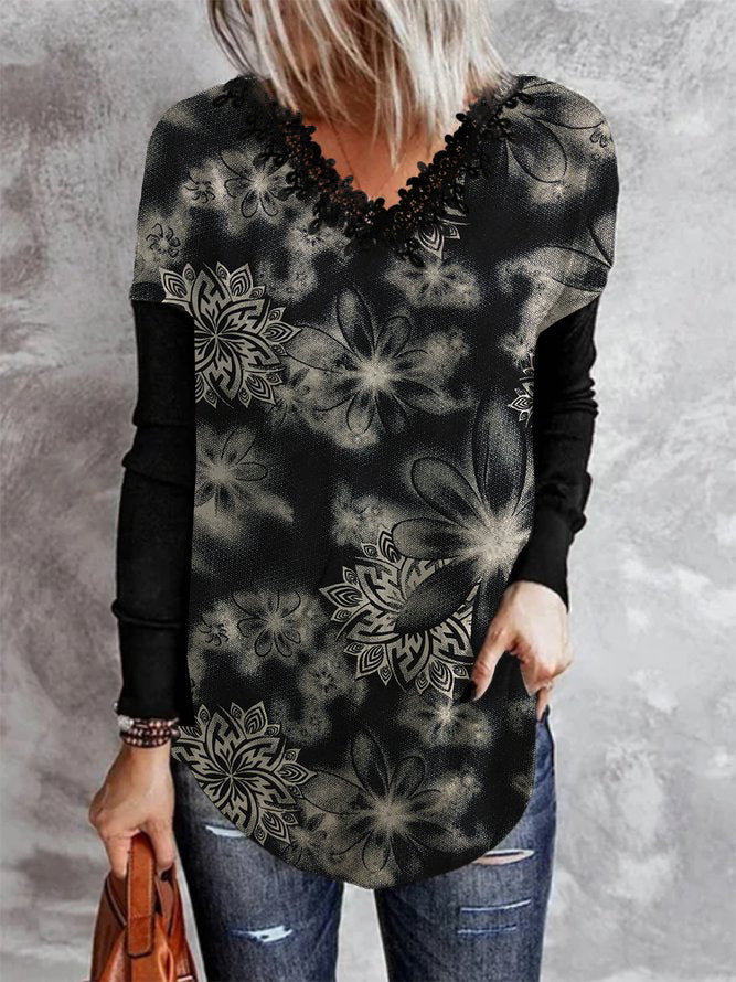 Elegantes V-Ausschnitt Langarm Raglan T-Shirt aus Spitze von Fudus