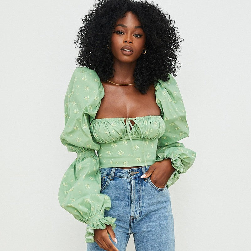 Modisches Damen-Crop-Top mit Puffärmeln und Rüschen