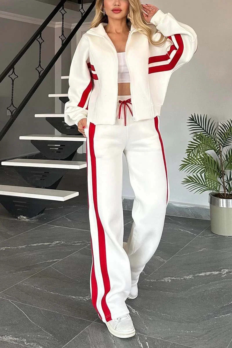 ModeGeist | Gestreifte Zip up Cropped Sweatshirtjacke und Sporthose Zwei Teile Satz