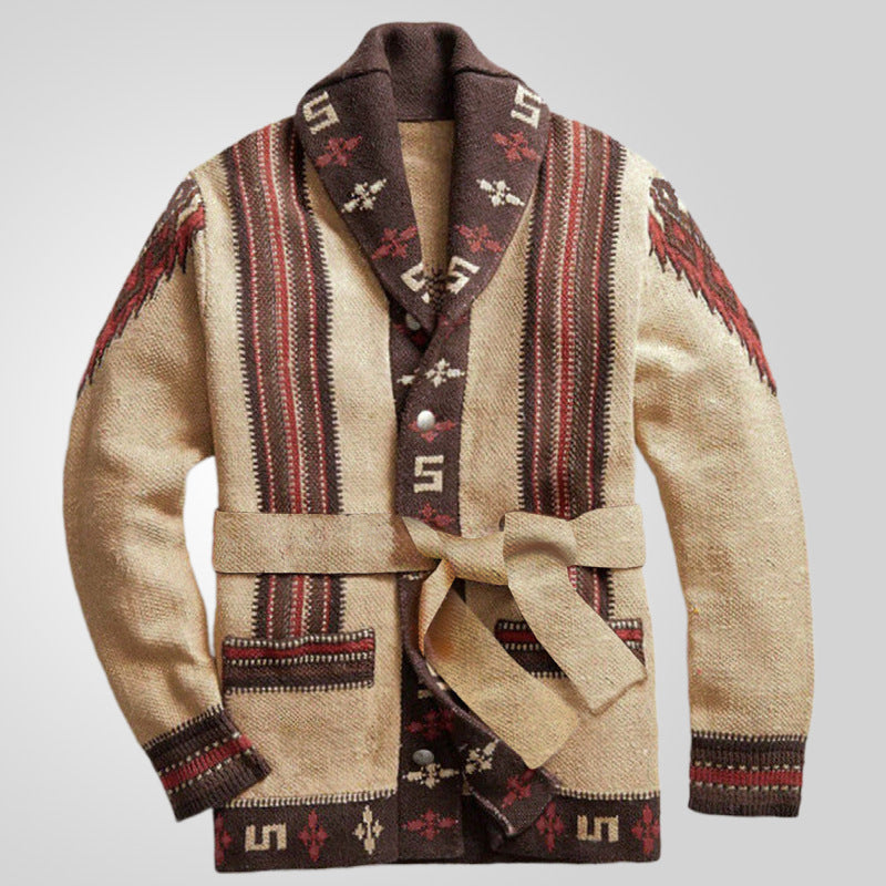 Damen Strickjacke mit kunstvollem Muster und exklusivem Gürtel ModeGeist