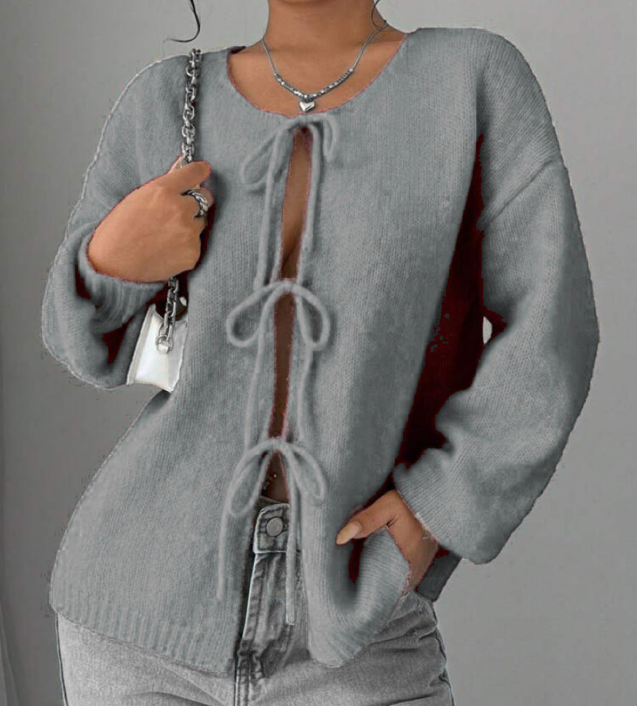 Damen Oversized Strickpullover mit dekorativem Schnürdetail ModeGeist