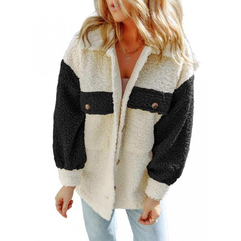 Damen Kuschelige Teddyjacke mit Kontrast-Ärmeln ModeGeist