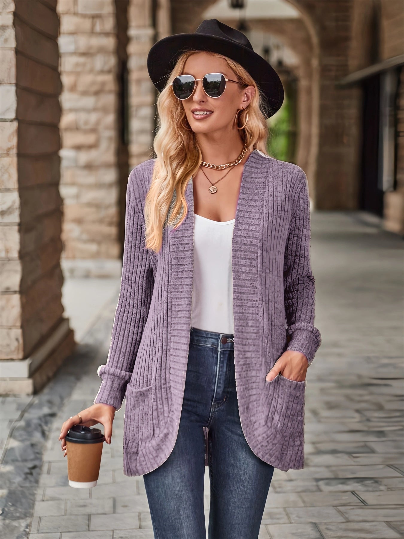 Damen offene Strickjacke mit strukturierter Oberfläche und praktischen Taschen ModeGeist