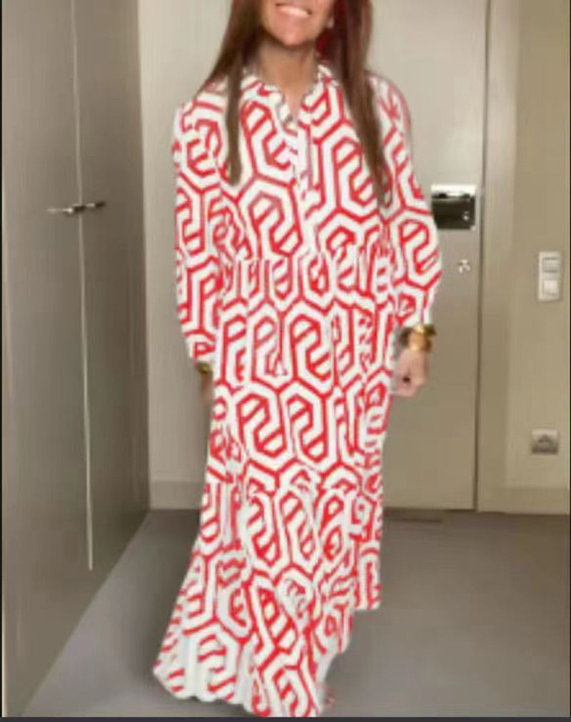 Modisches Hemdblusenkleid für Damen mit geometrischem Muster und weitem Saum