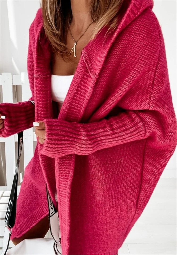 Damen gemütlicher Strickcardigan mit Kapuze und weit geschnittenen Ärmeln ModeGeist