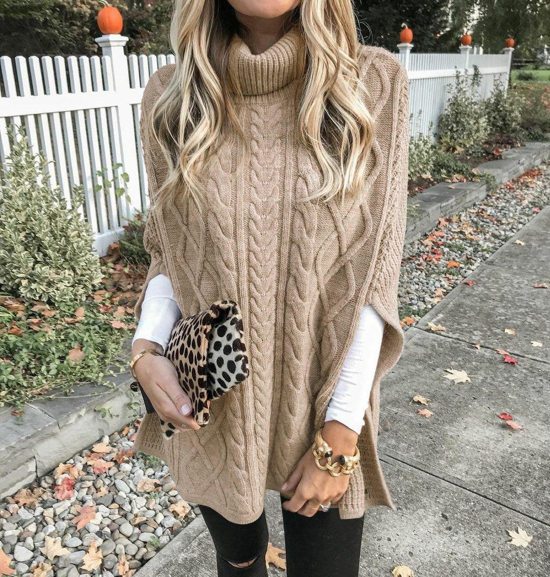 Damen Strickponcho mit hochschließendem Kragen und klassischem Kabelmuster ModeGeist