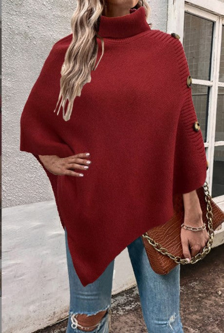 Damen Strick-Poncho mit hohem Kragen und Knopfdetails ModeGeist