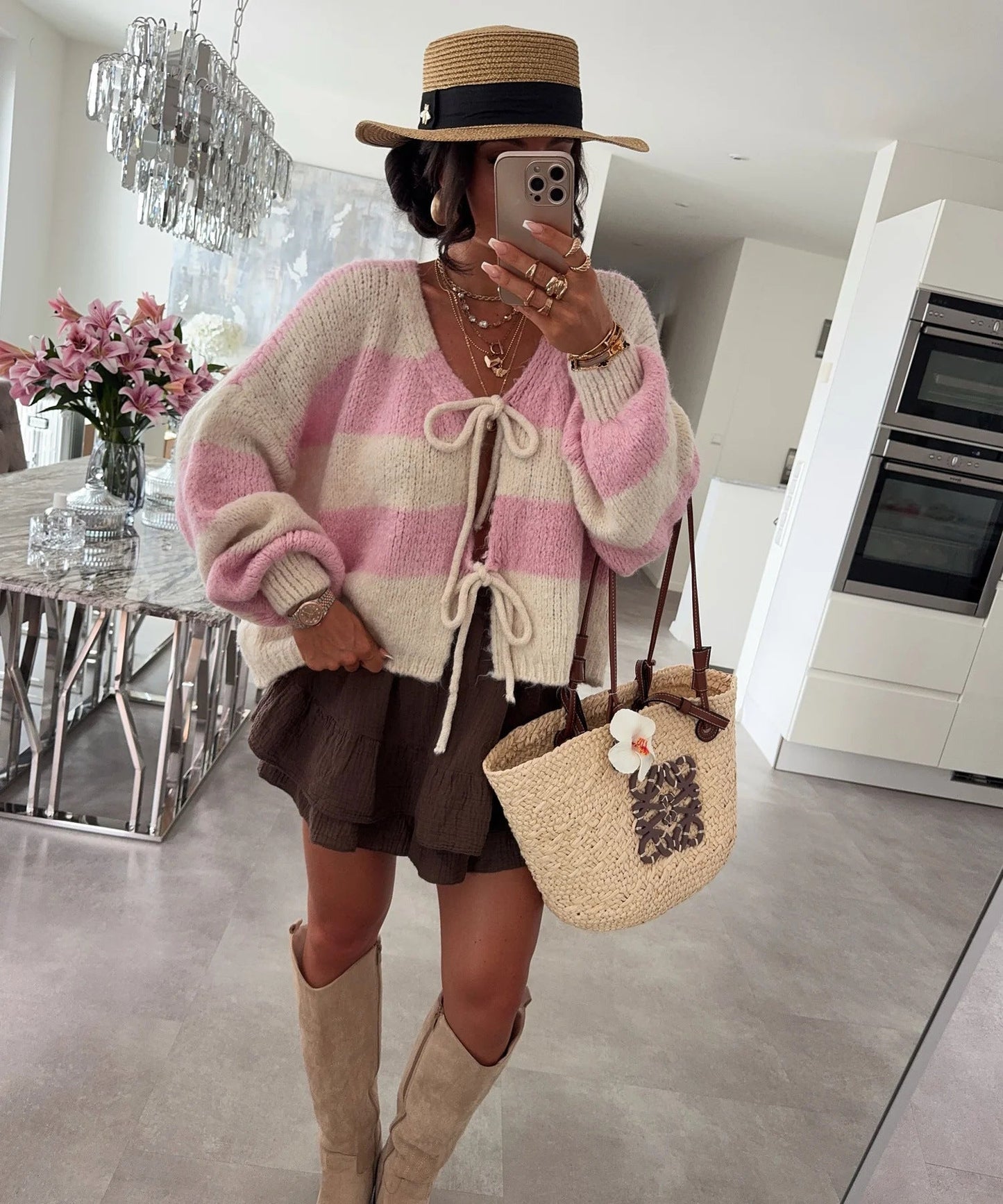 Damen lockere Strickjacke mit breiten Streifen und Bindegürtel ModeGeist