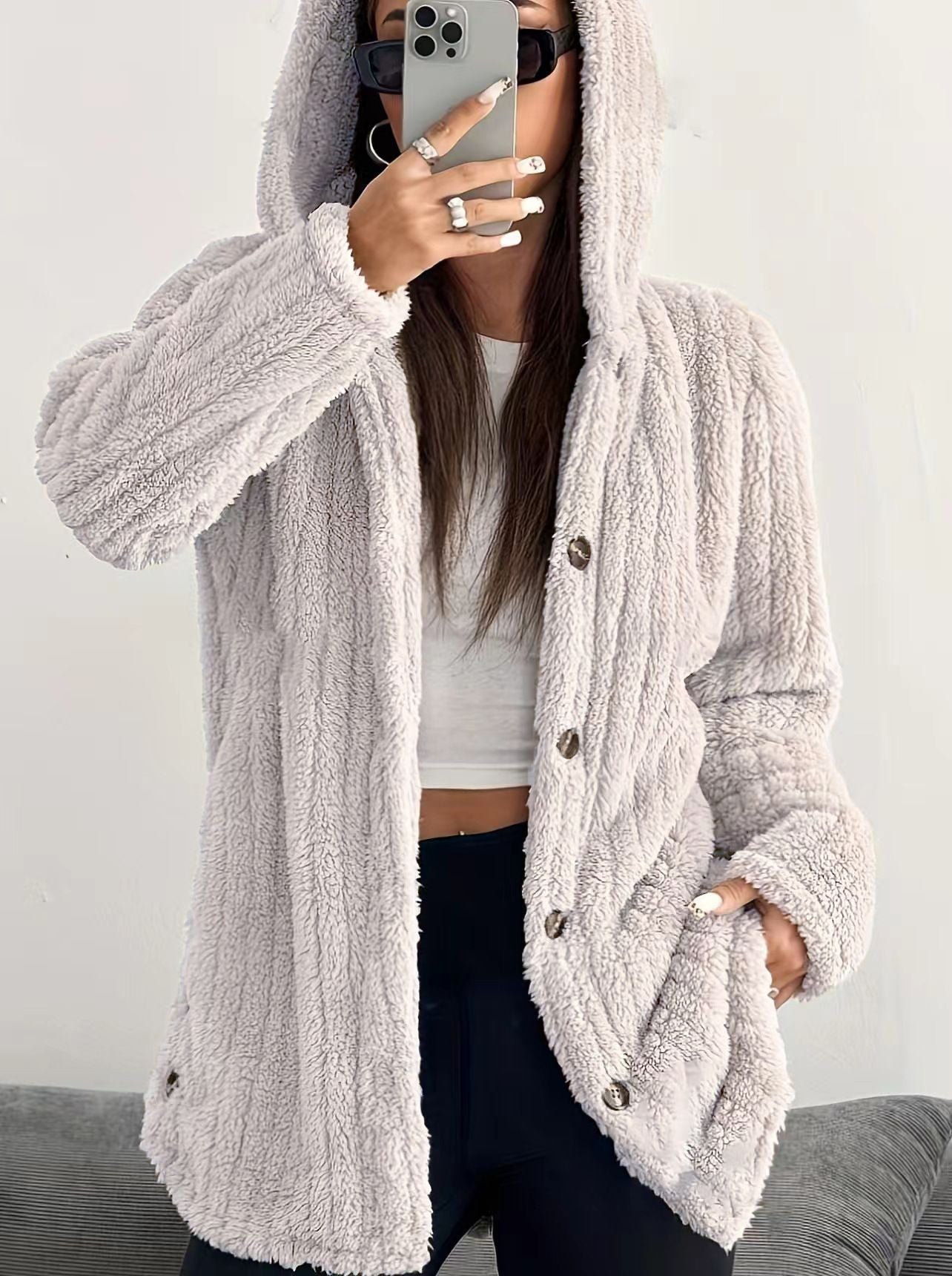 MODEGEIST Damen Kapuzen-Cardigan Lange Ärmel Vordertaschen Winter