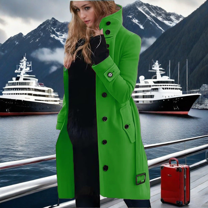 Damen eleganter Trenchcoat mit hohem Kragen und doppelter Knopfleiste ModeGeist