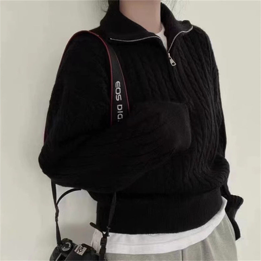 Damen kuscheliger Strickpullover mit hochschließendem Kragen und Zipper ModeGeist