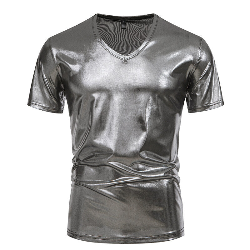 Herren V-Ausschnitt T-Shirt aus glänzendem Material mit persönlichem Stil ModeGeist