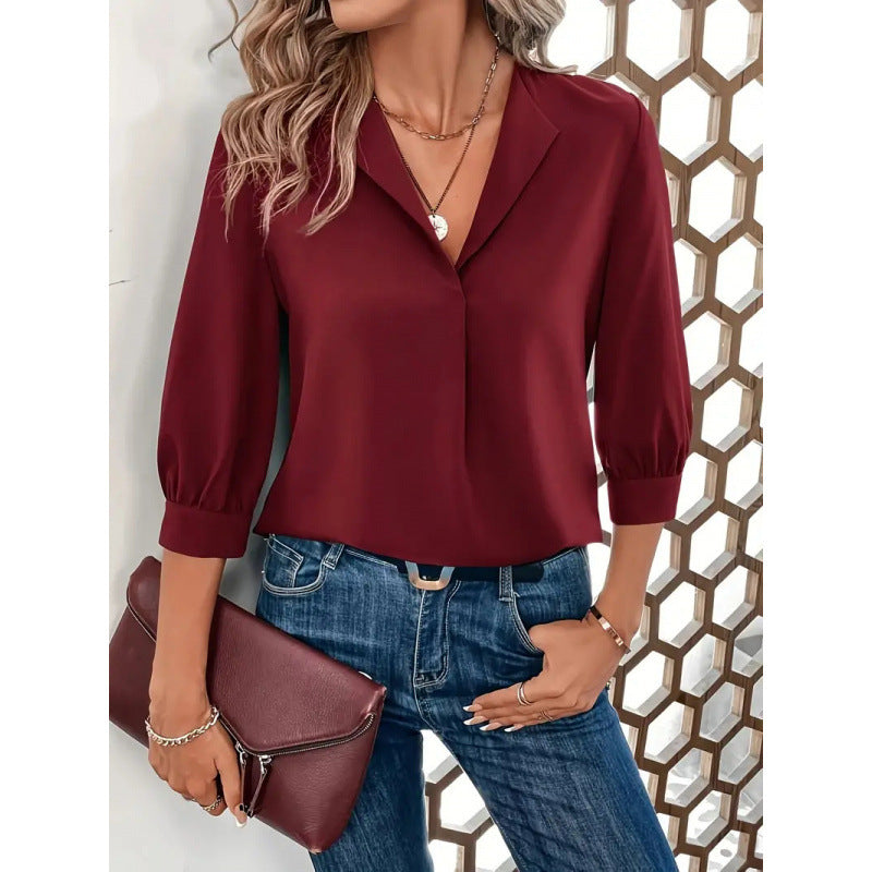 Damen Elegante Viskosebluse mit 3/4-Ärmeln und V-Ausschnitt ModeGeist