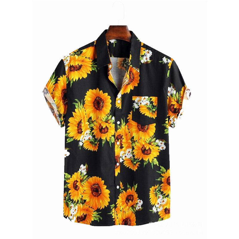 Herren Kurzarmhemd mit farbenfrohem Sonnenblumenmuster und leichtem Baumwollstoff ModeGeist