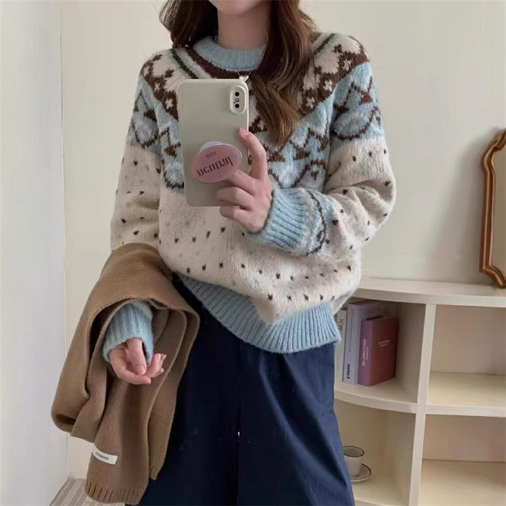 Damen Strickpullover mit grafischem Norweger-Muster und hohem Rundhalsausschnitt ModeGeist