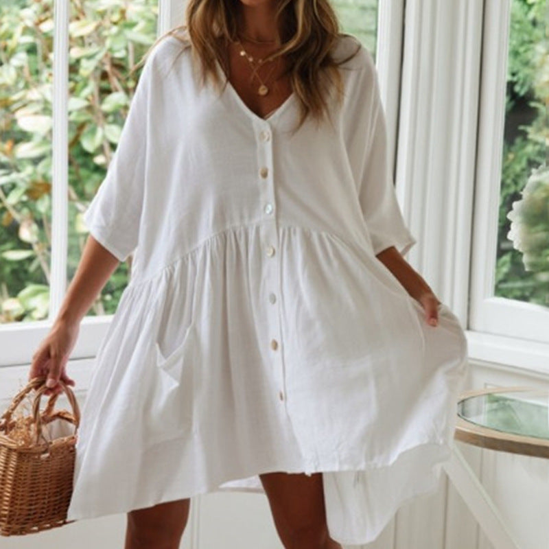 Baumwoll-Shirtkleid für Damen: luftig, mit Knopfleiste und Taschen - im modernen Stil