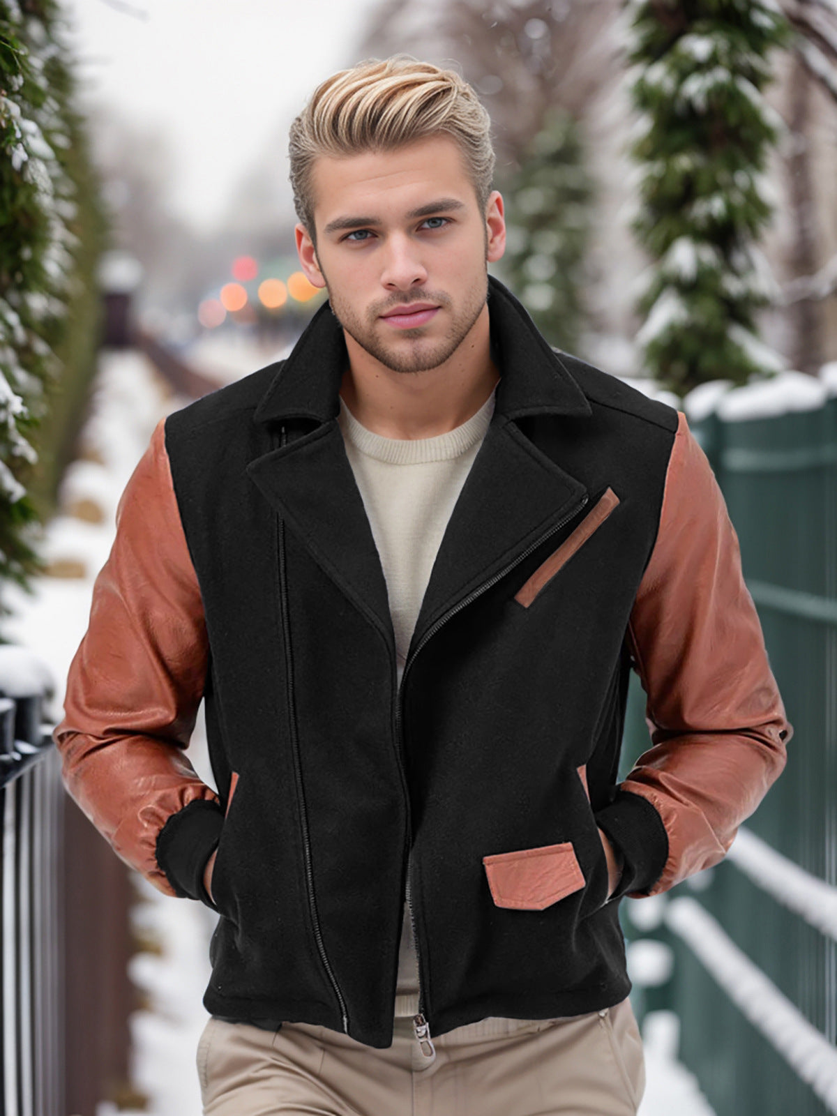 Herren modische Übergangsjacke mit kontrastierenden Ärmeln und praktischen Taschen ModeGeist