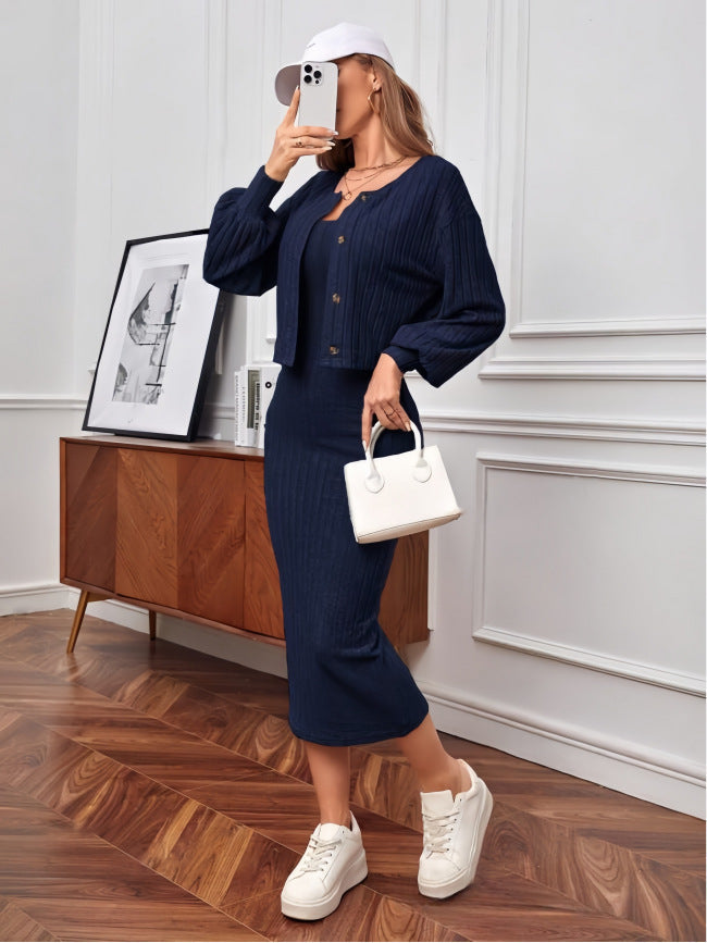 Damen Strick-Outfit mit Knopfleiste und Bündchen ModeGeist