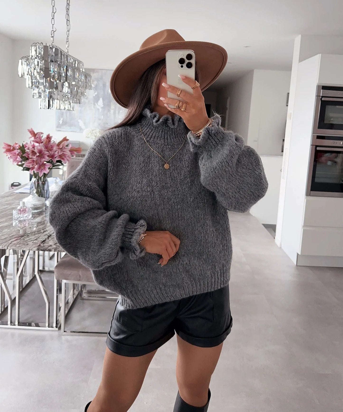 Damen kuscheliger Rollkragenpullover mit weiten Ärmeln und strukturellem Design ModeGeist