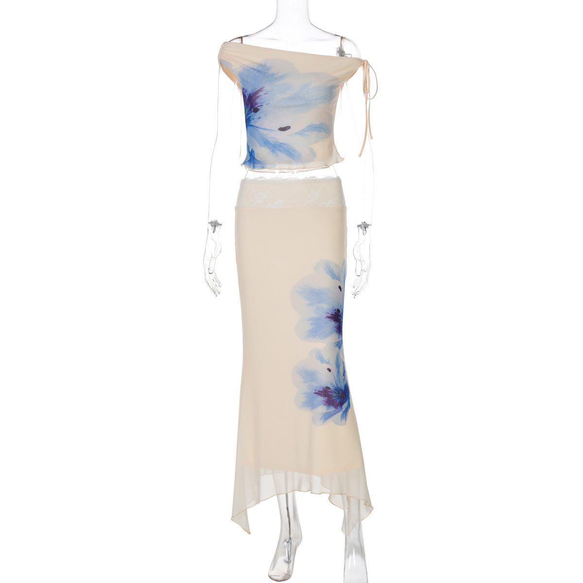 Elegantes Wickeloberteil für Damen mit floralem Muster und asymmetrischem Rock, MODEGEIST