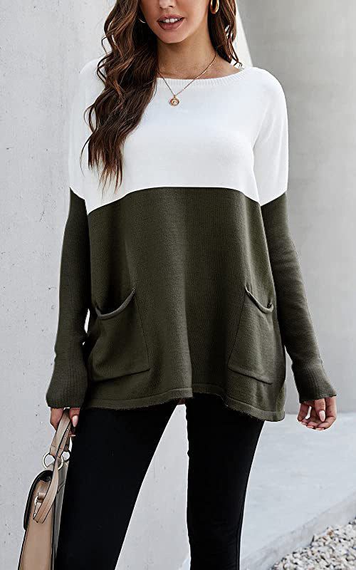 Damen Strickpullover mit großen Fronttaschen und kontrastiertem Design ModeGeist