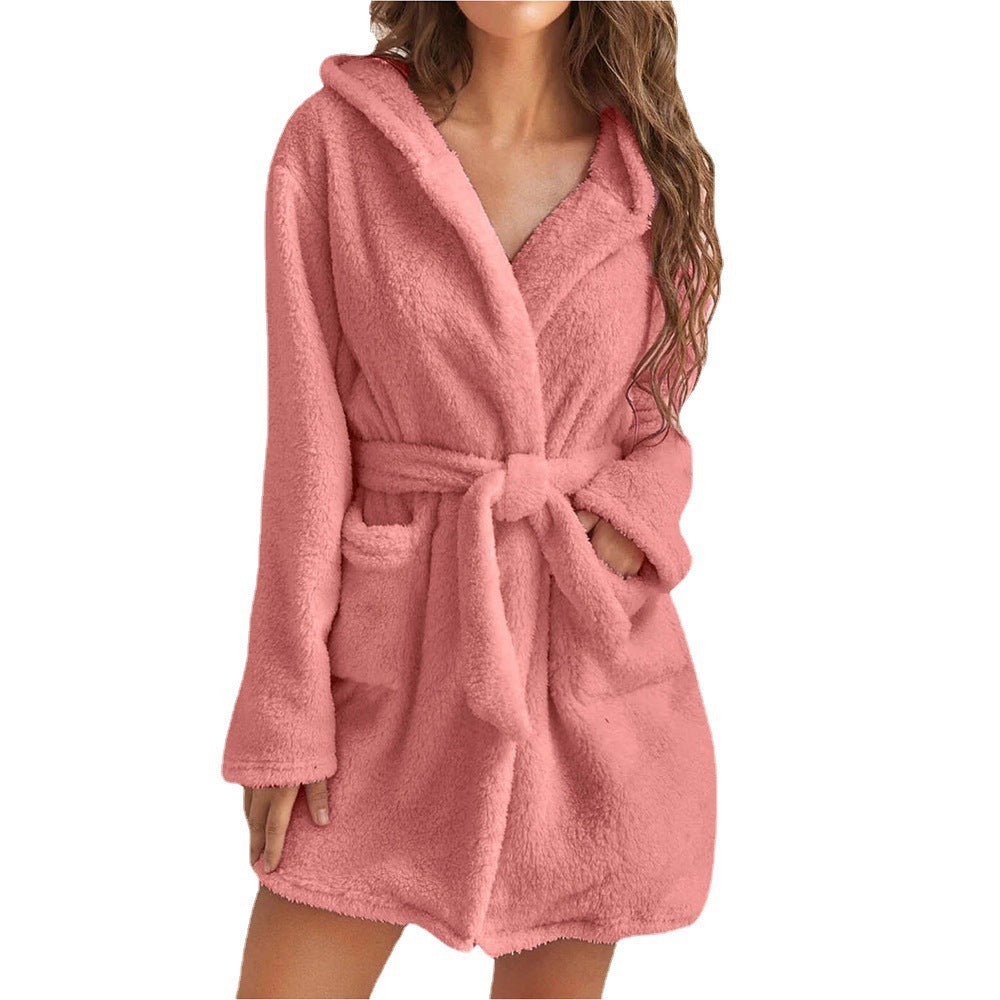 Damen Fleece Bademantel mit Kapuze und Gürtel ModeGeist
