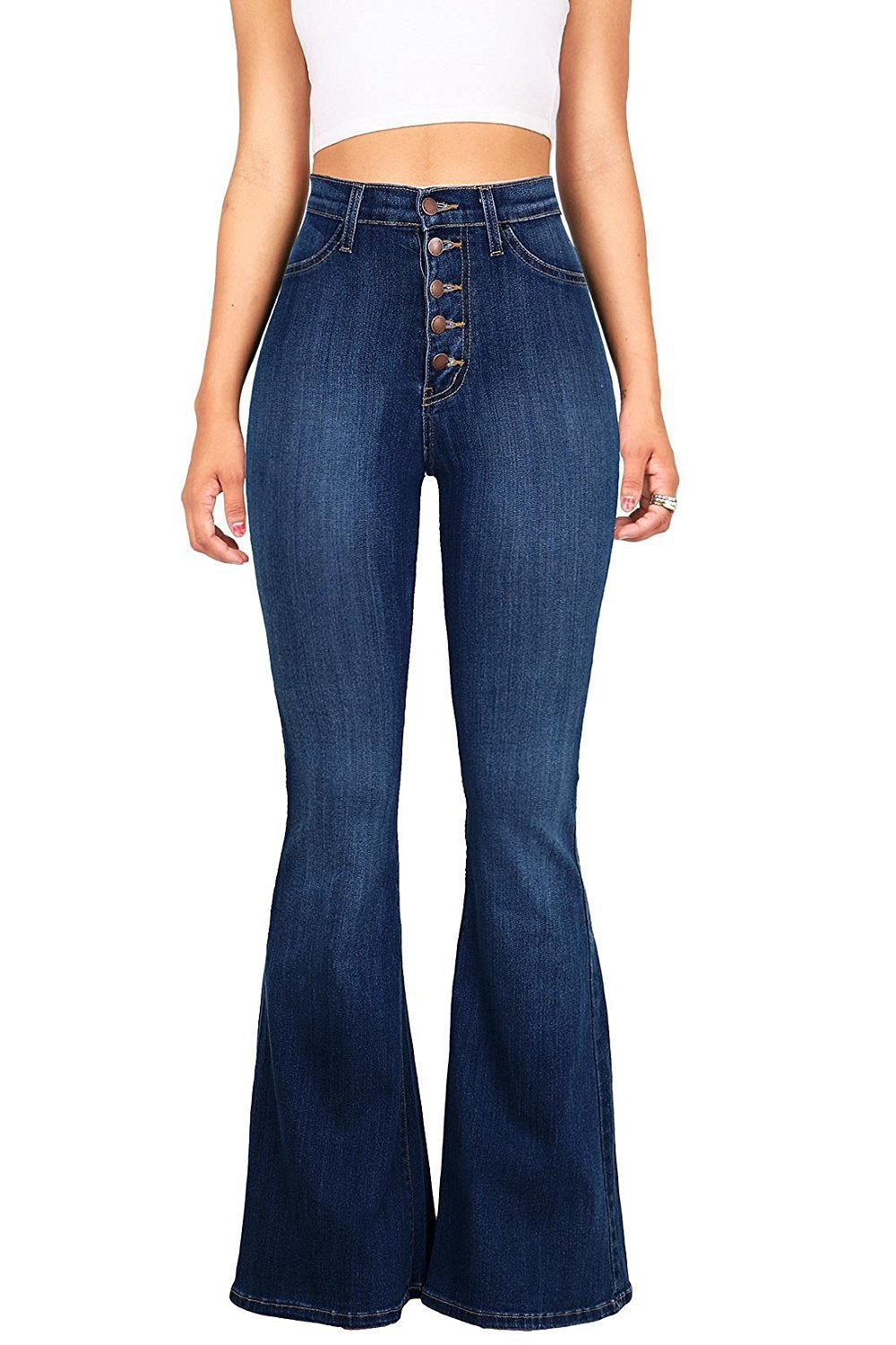 Damen Flared Jeans mit hohem Bund und dekorativer Knopfleiste ModeGeist