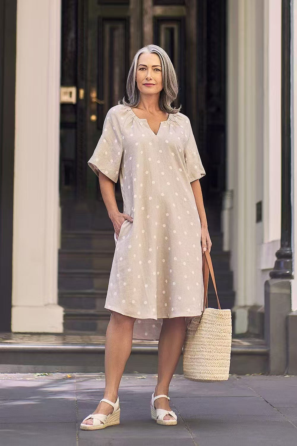 Leichtes Damenkleid mit V-Ausschnitt und Taschen von MODEGEIST
