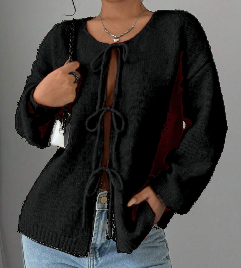 Damen Oversized Strickpullover mit dekorativem Schnürdetail ModeGeist