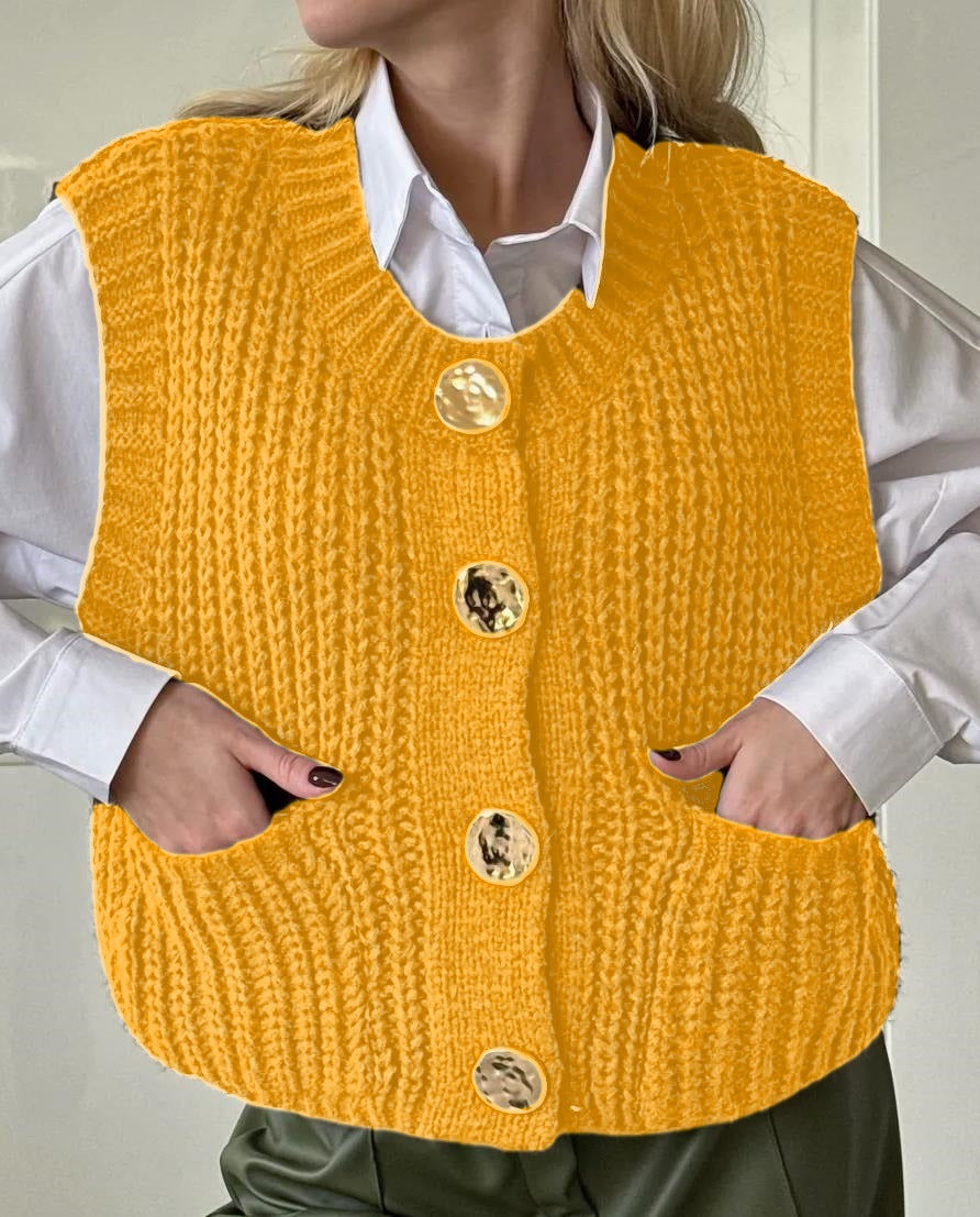 Damen gemütliche Strickweste mit großen Knöpfen und praktischen Taschen ModeGeist