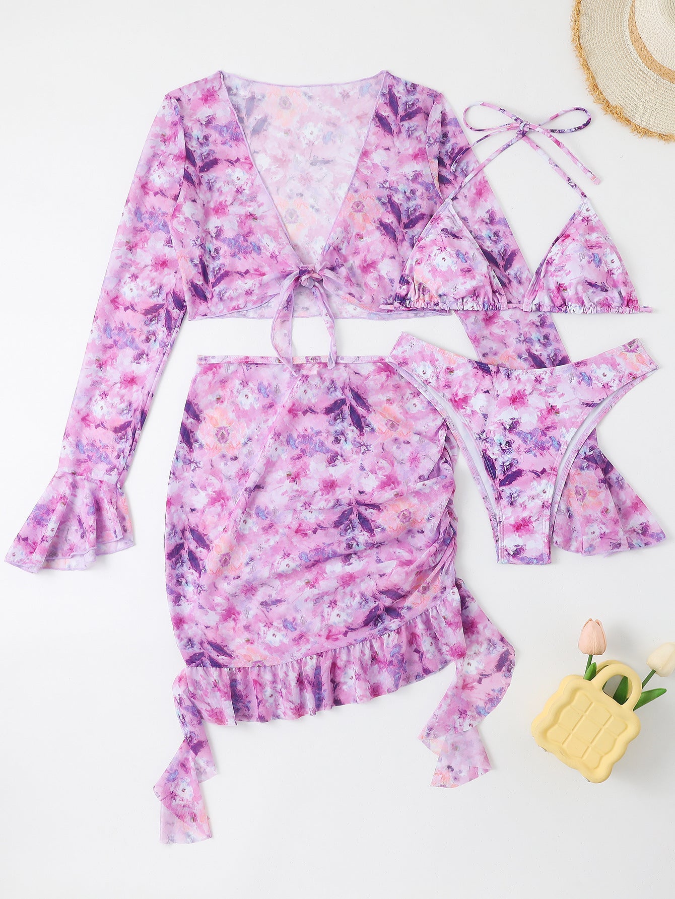 Blumen-Wickelrock-Set mit Rüschen und Damen-Cropped-Top, modisch von MODEGEIST