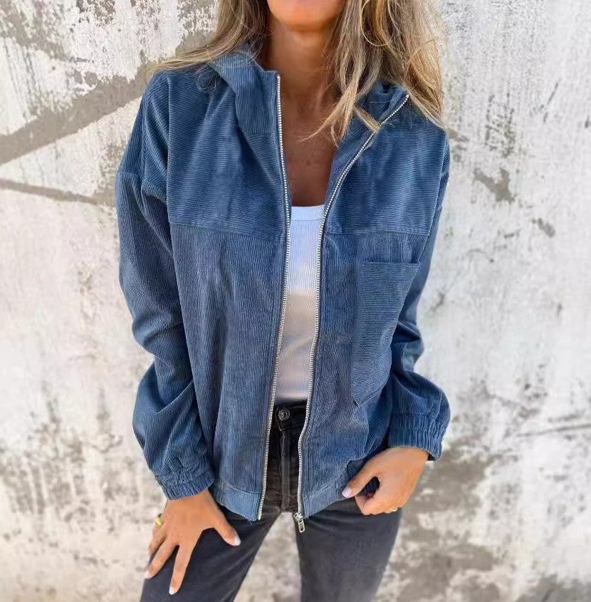 Damen lässige Cordjacke mit praktischen Taschen und elegantem Reißverschluss ModeGeist