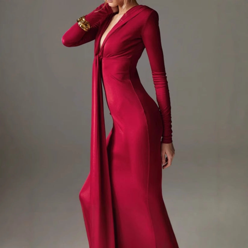 Damen Elegantes Langarm-Maxi-Kleid mit raffiniertem Knoten-Detail und figurformendem Design ModeGeist