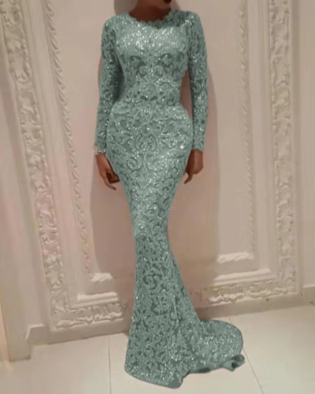Damen Glamouröses Hochzeitskleid mit funkelnden Pailletten und langen Ärmeln ModeGeist