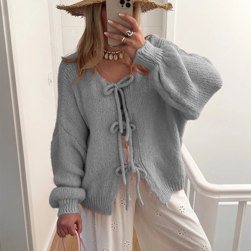 Damen Kuscheliger Strickcardigan mit dekorativen Bindebändern ModeGeist